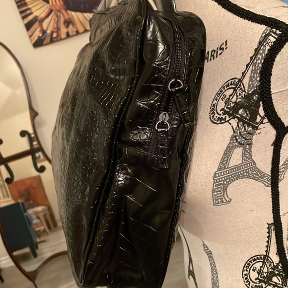 Vintage Saks Fifth Avenue-Black Faux Reptile Print Zippered Tote Bag-15”x12” - Picture 2 of 5